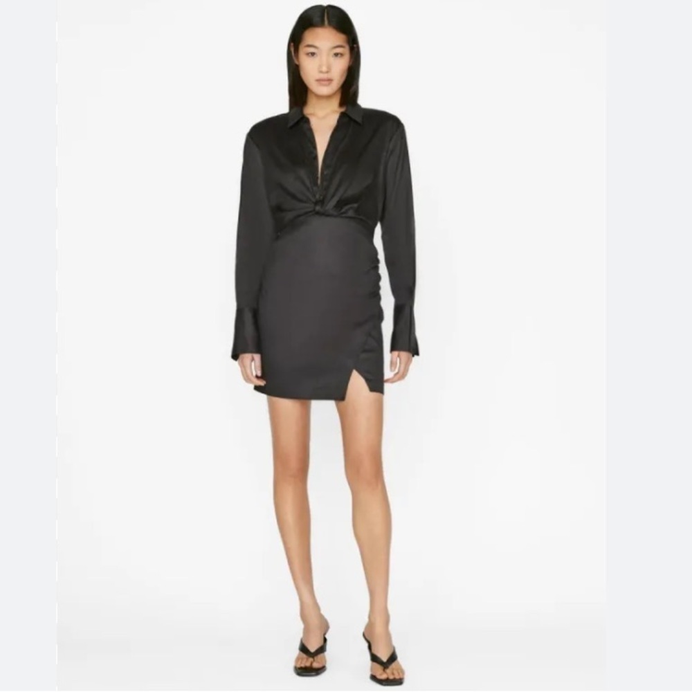 FRAME Long Sleeve Mini Twist Dress Noir Black Linen Blend